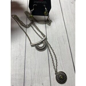 Paparazzi Silver Tone Necklace & Olive Green Bead Earrings Set 2 Pieces